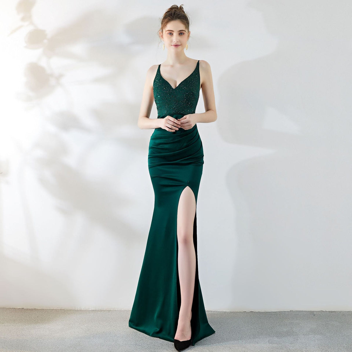 Sequin Deep V-Neck Ruched Waist Satin Mermaid High Slit Maxi Gown