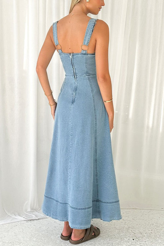 Denim Square Neck Button Front Patch Pocket A-Line Maxi Dress 4