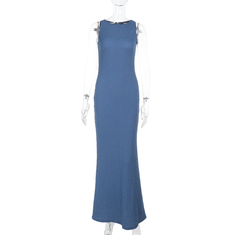 Sleeveless Crew Neck Crinkle Texture Bodycon Maxi Dress 10
