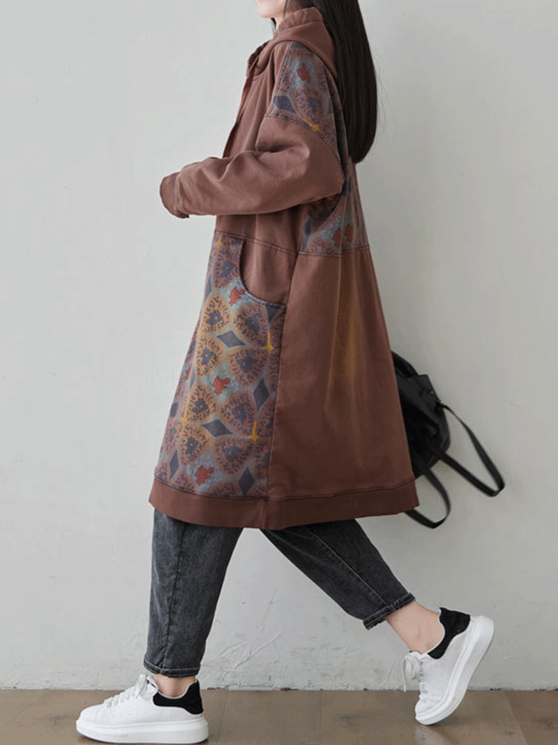 Hooded Kangaroo Pocket Geometric Print Oversized Mini Sweatshirt Dress 11