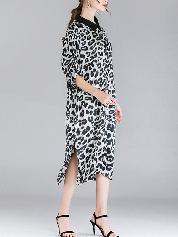 Contrasting Lapel Spotted Print Button Front High Slit Midi Shirt Dress 9