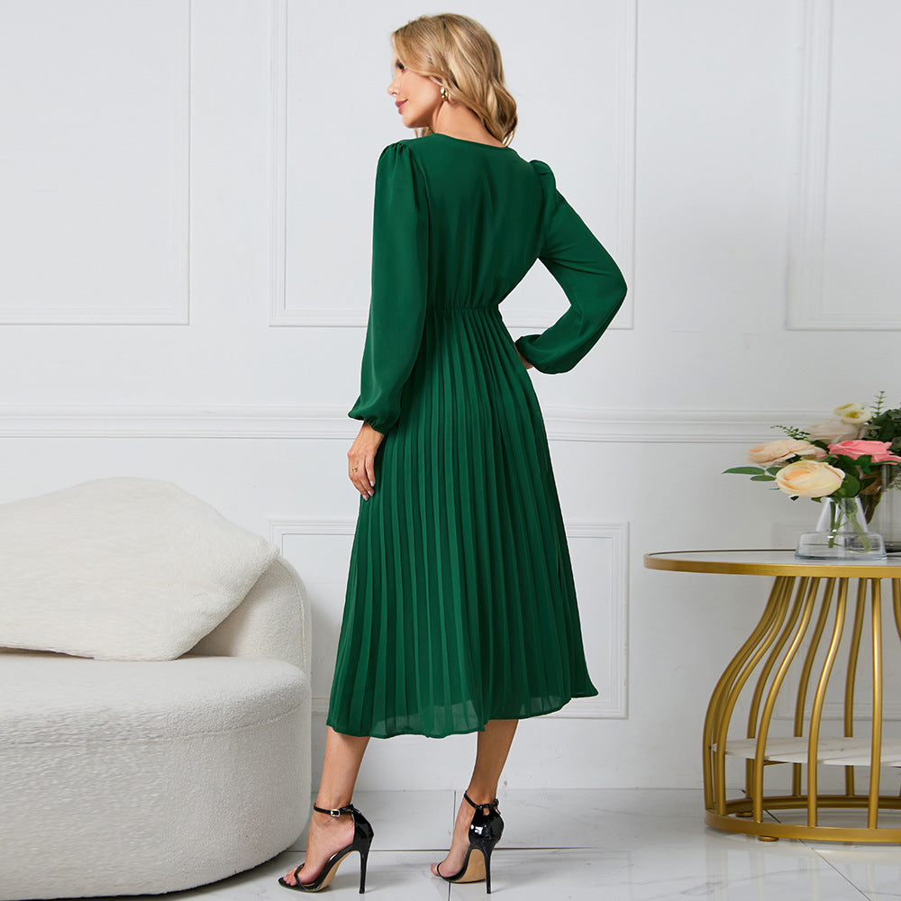 Wrap Surplice V-Neck Bishop Sleeve Sunray Pleated Belted Midi Dress 3