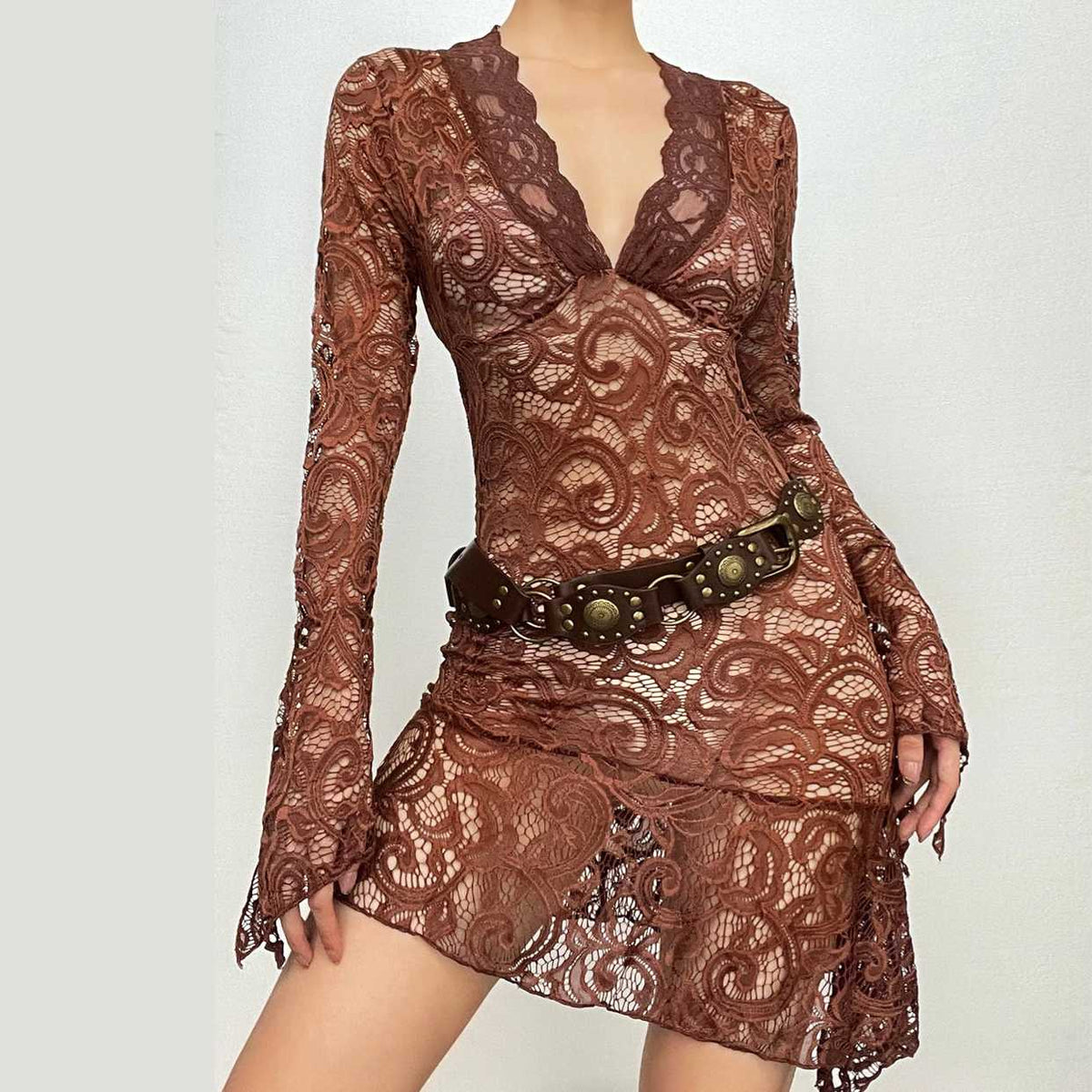 Floral Lace Bell Sleeve Handkerchief Hem V-Neck Mini Dress 6