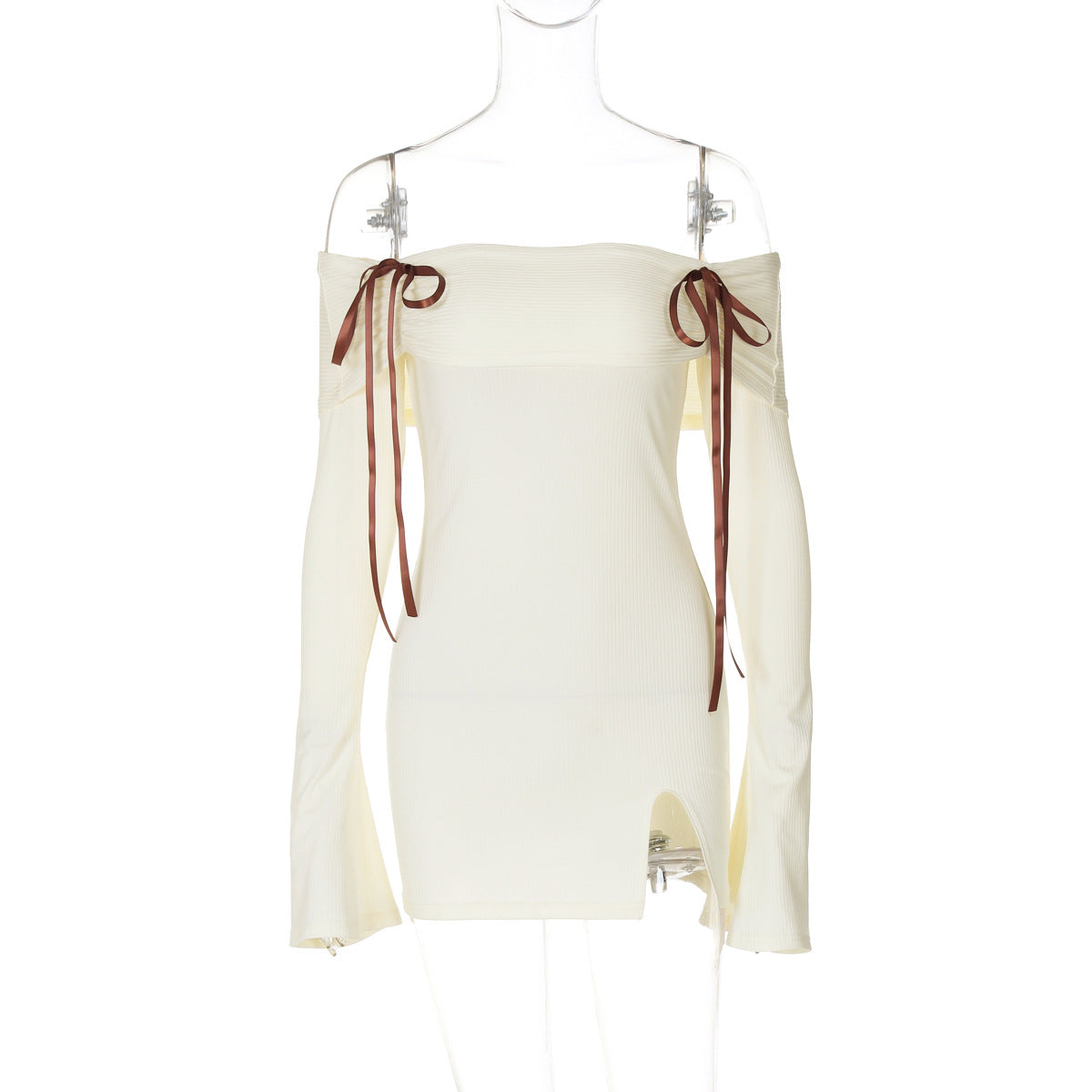 Off Shoulder Rib Knit Bell Sleeve Bow Shoulder Mini Dress 11