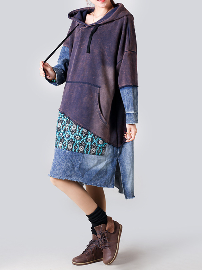 Hooded Long Sleeve Patchwork Denim Jersey Mixed Media High Low Midi Dress 4