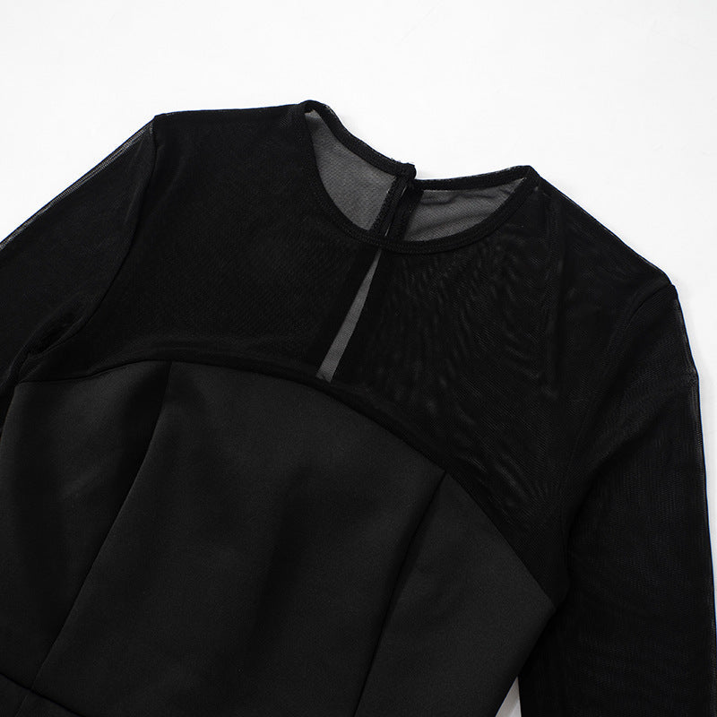 Mock Neck Mesh Yoke Long Sleeve Flared Mini Dress 10