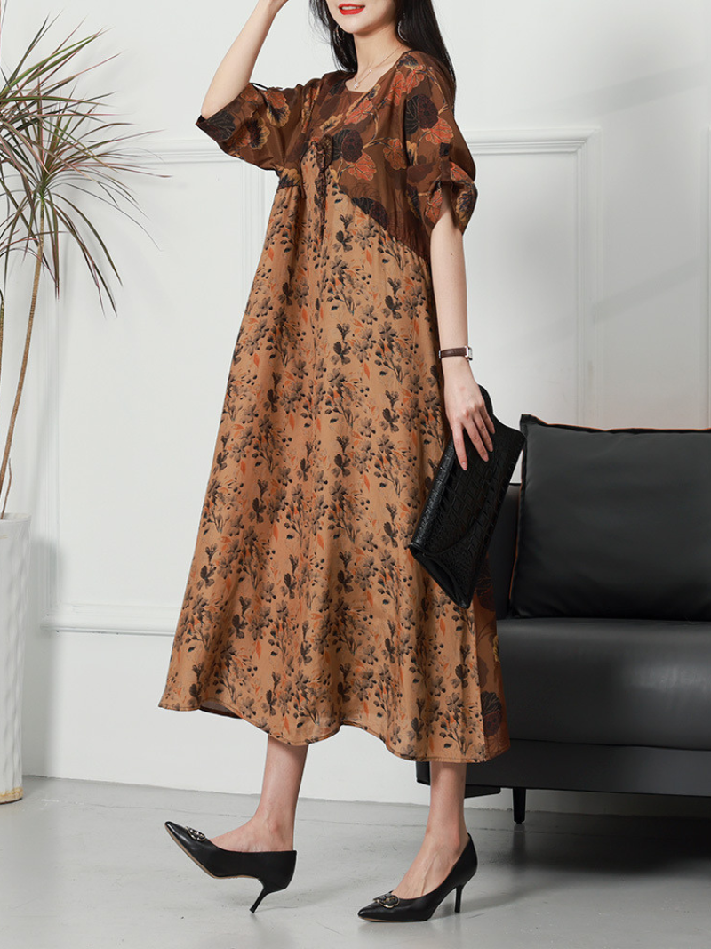 Round Neck Three Quarter Sleeve Floral Print Relaxed Midi Dress 2