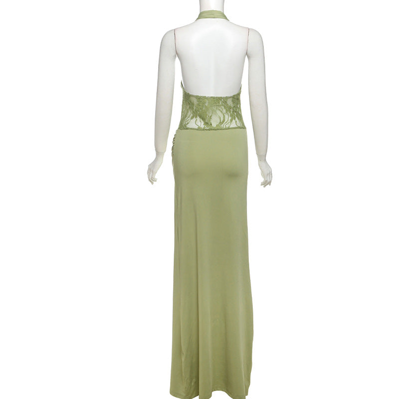 Halter V Neck Lace Panel Draped Cowl Maxi Dress 10
