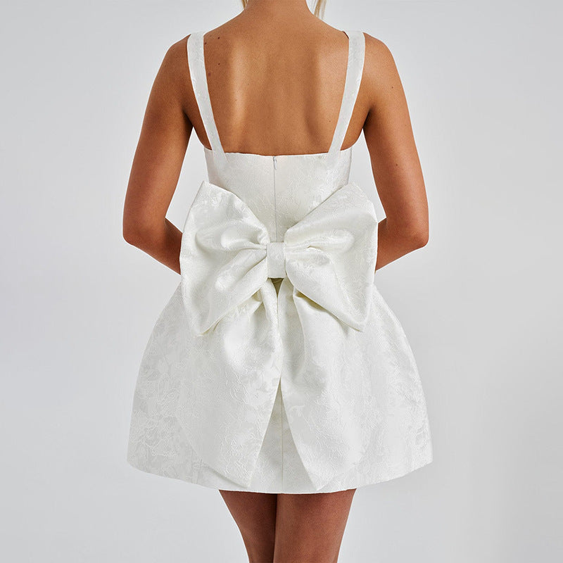 Square Neck Jacquard Floral Back Bow Skater Mini Dress 10
