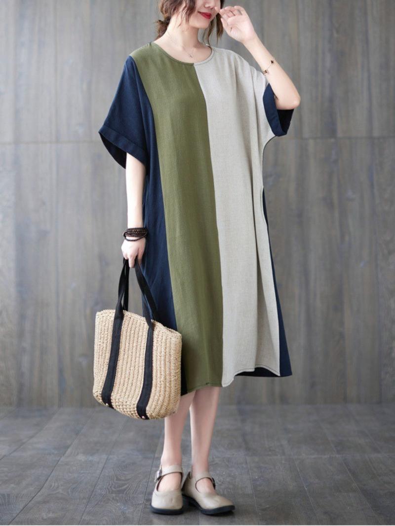 Round Neck Short Sleeve Color Block Panel Linen Midi Dress 8