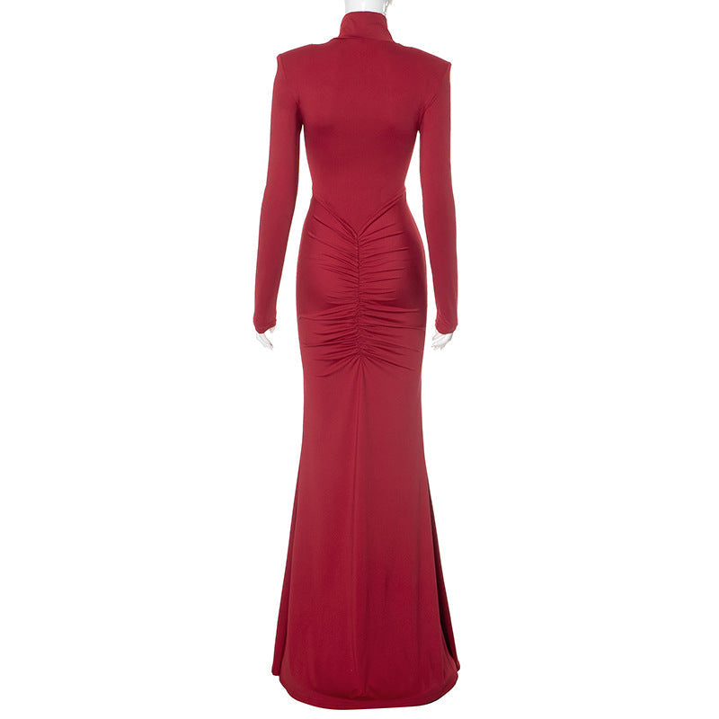 Mock Neck Long Sleeve Front Hip Knot Draped Pleated Maxi Dress 10