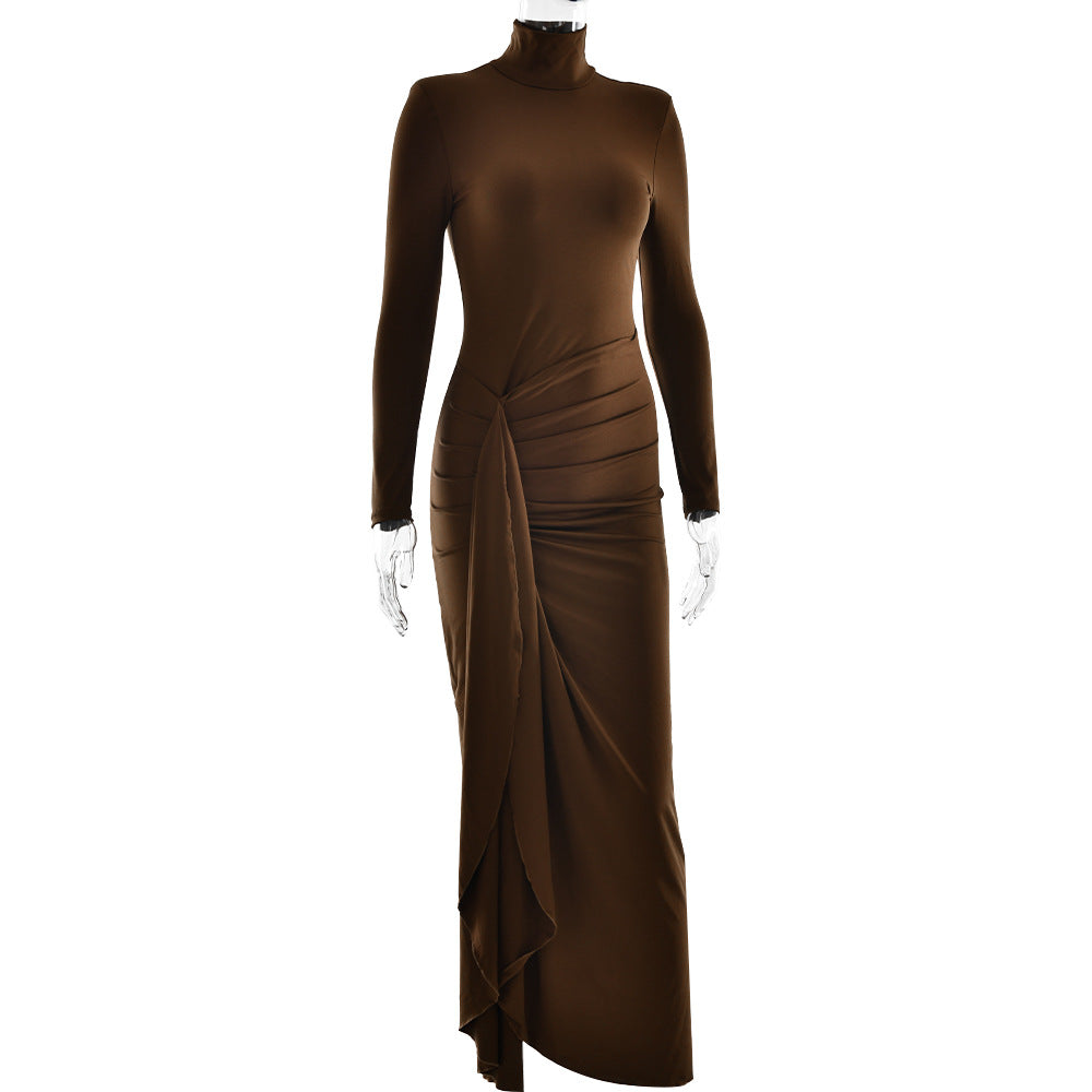 Turtleneck Long Sleeve Twisted Waist Knot High Slit Bodycon Maxi Dress 10