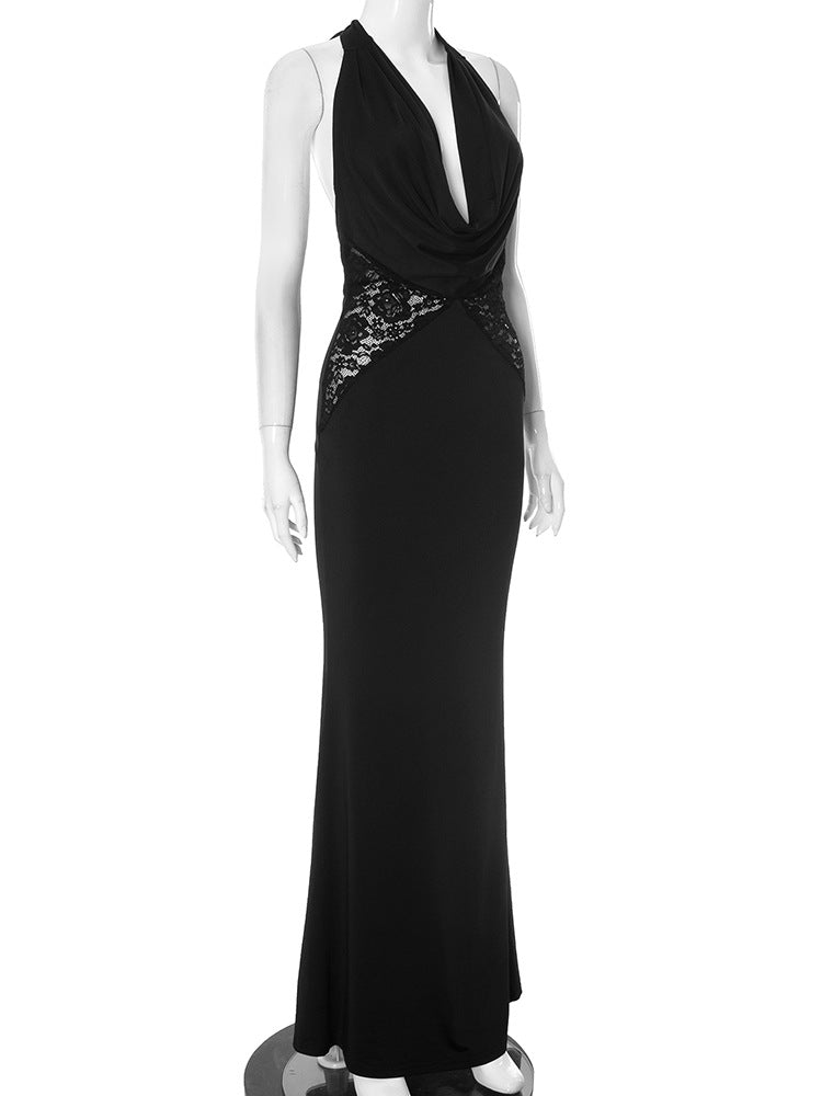 Plunging Halter Cowl Lace Side Panel Mermaid Maxi Gown 10