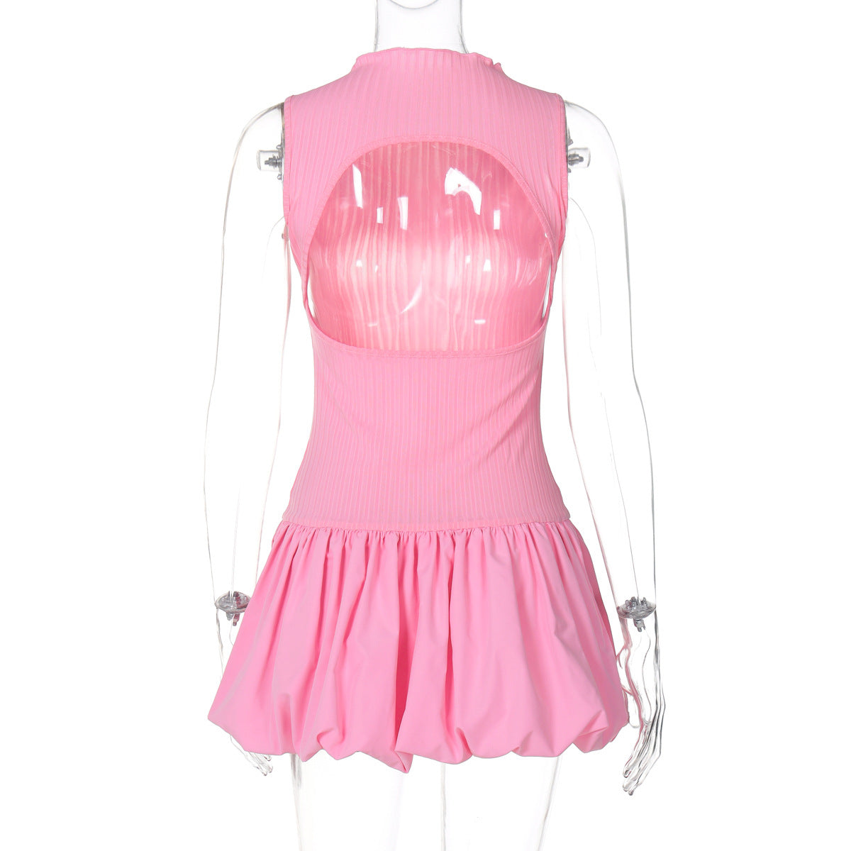 Mock Neck Sleeveless Ribbed Knit Drop Waist Bubble Hem Mini Dress 10