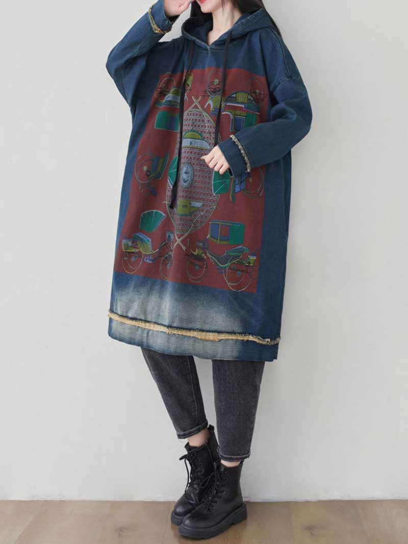 Hooded Drawstring Frayed Hem Graphic Print Oversized Sweatshirt Midi Dress 9