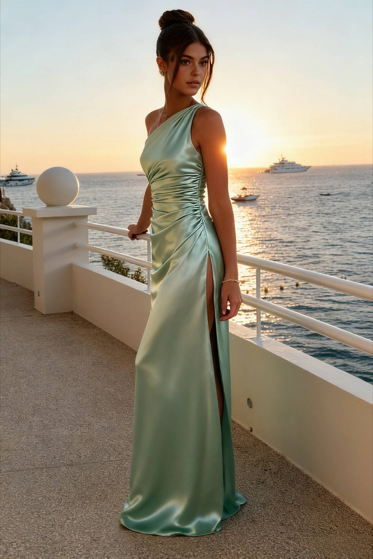 Satin One Shoulder Ruched Waist High Split Maxi Dress 7