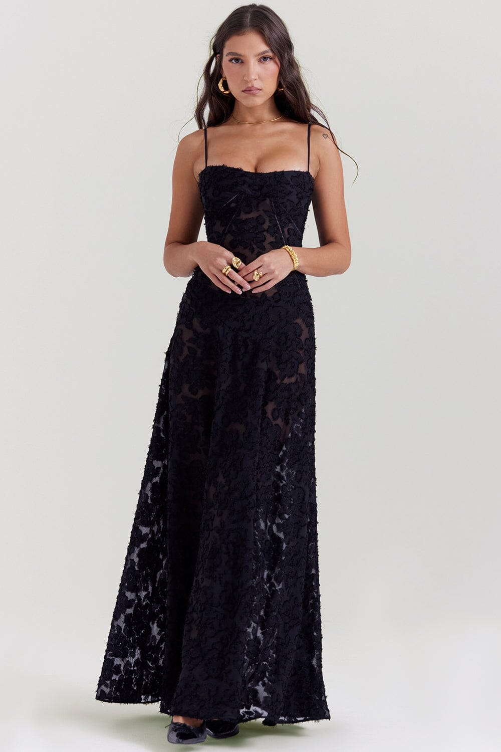 Floral Jacquard Spaghetti Strap Lace Up Corset Back Fit and Flare Maxi Dress 9