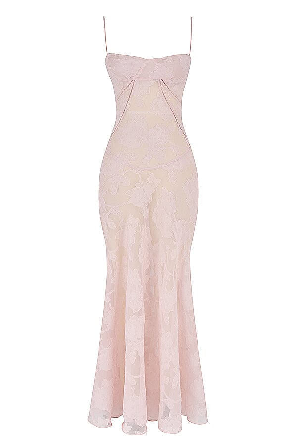Floral Jacquard Spaghetti Strap Lace Up Corset Back Fit and Flare Maxi Dress 5