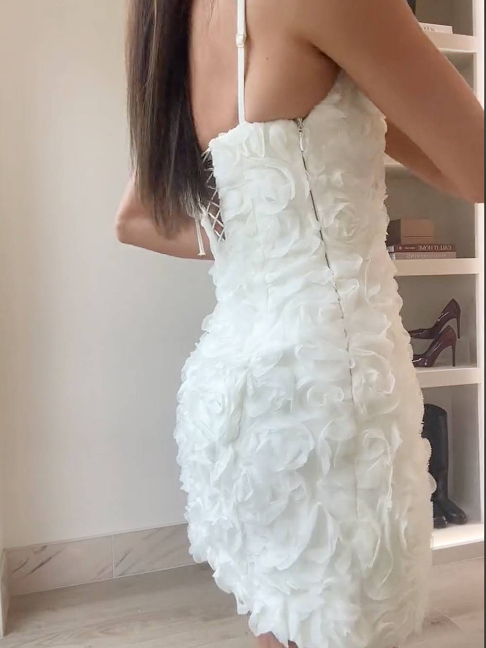 Spaghetti Strap 3D Floral Applique Lace Up Back Zip Bodycon Mini Dress