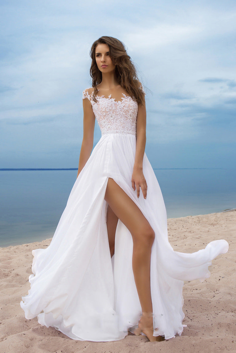 Lace Illusion Cap Sleeve Floral Applique Bodice High Slit Chiffon Maxi Gown 4