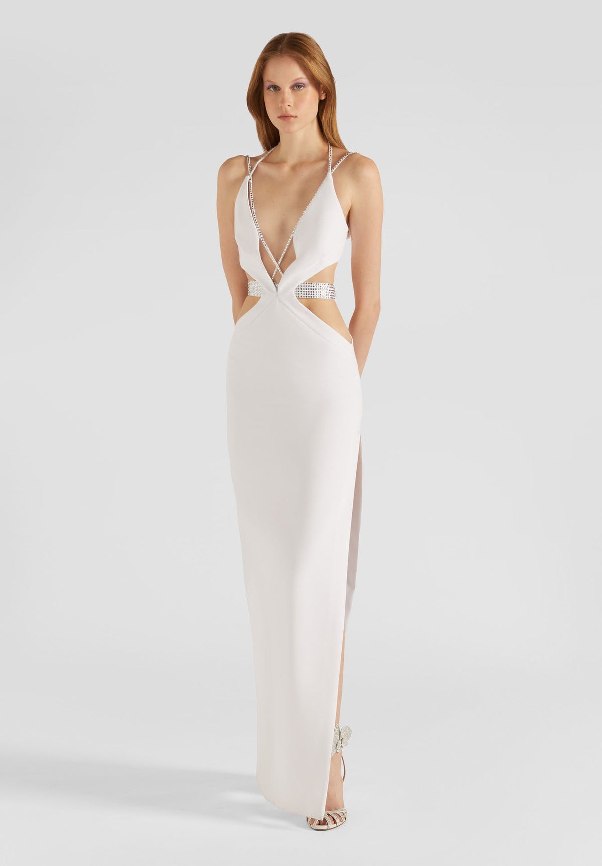 Rhinestone Strap Deep V-Neck Waist Cut Out High Split Bandage Maxi Dress 4