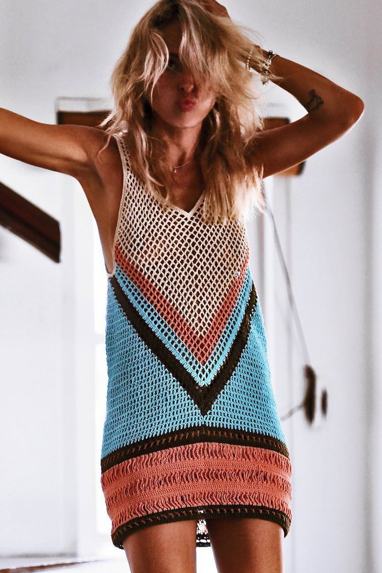 Color Block Fishnet Low Back Crochet Tunic Cover Up