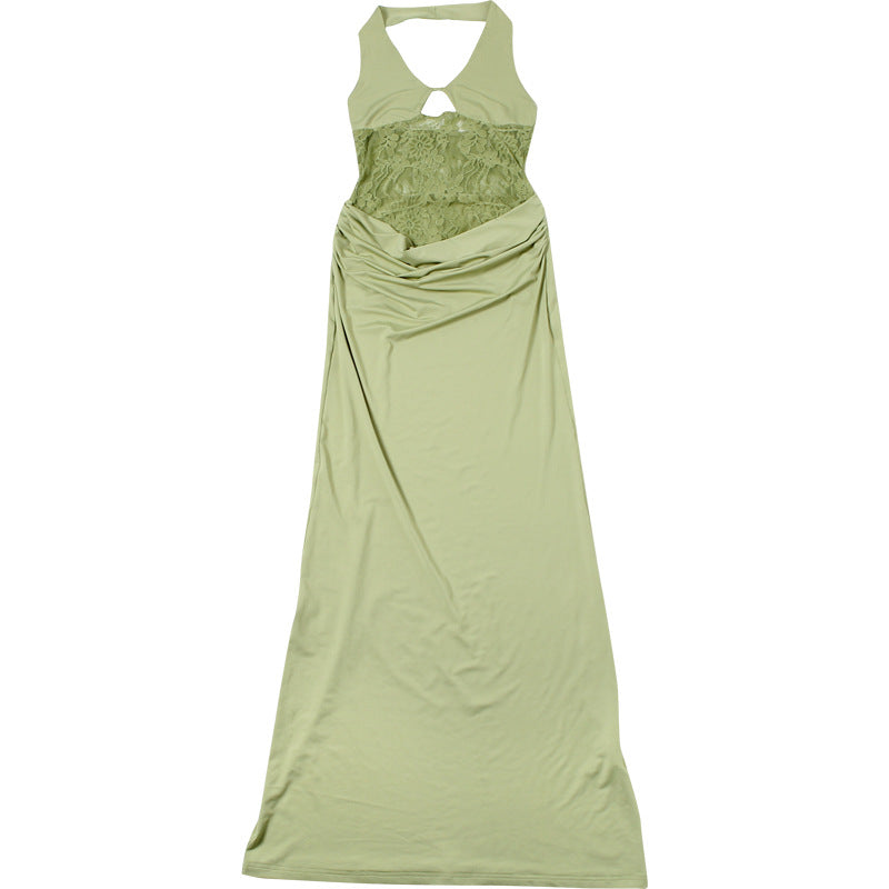 Halter V Neck Lace Panel Draped Cowl Maxi Dress 11
