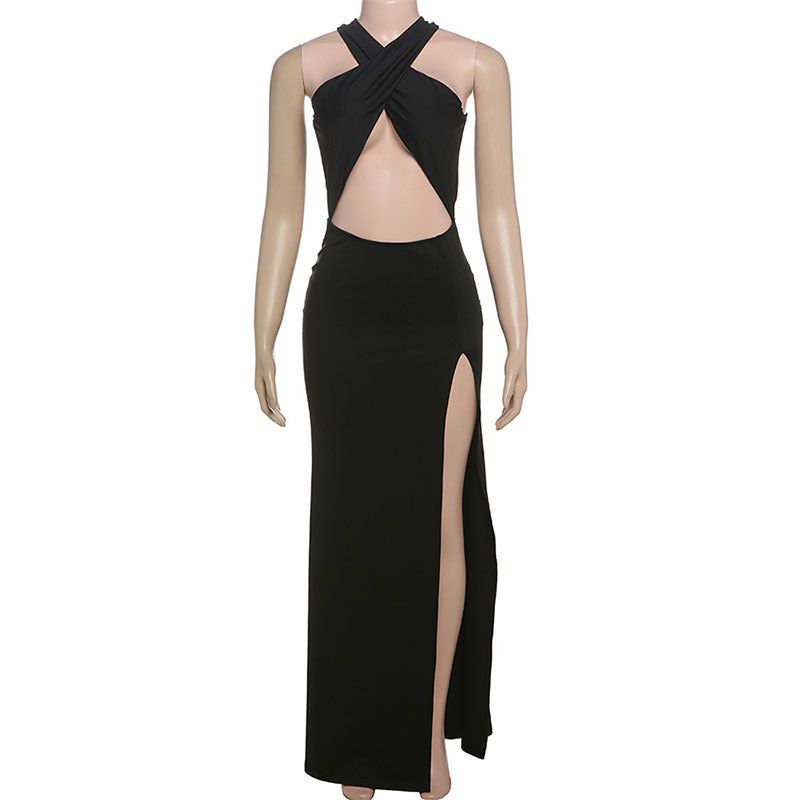 Halter Neck Cutout Waist Ruched Satin Column Maxi Dress 11