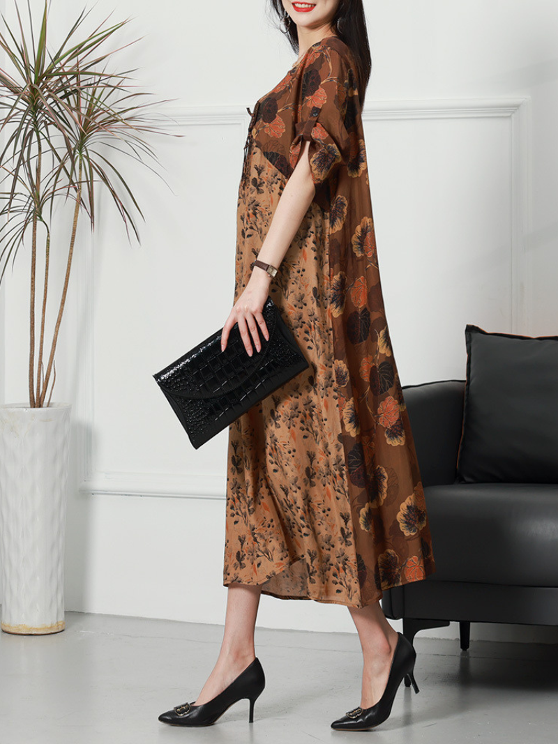 Round Neck Three Quarter Sleeve Floral Print Relaxed Midi Dress 3