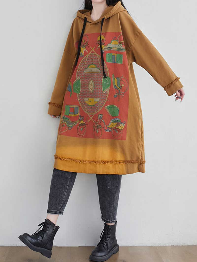 Hooded Drawstring Frayed Hem Graphic Print Oversized Sweatshirt Midi Dress 10