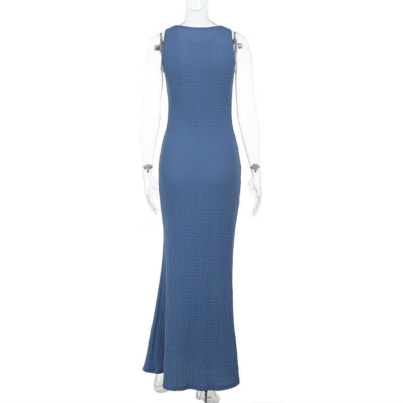 Sleeveless Crew Neck Crinkle Texture Bodycon Maxi Dress 11
