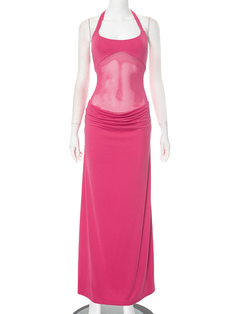 Halter Mesh Panel Midriff Ruched Waist Column Maxi Gown 11
