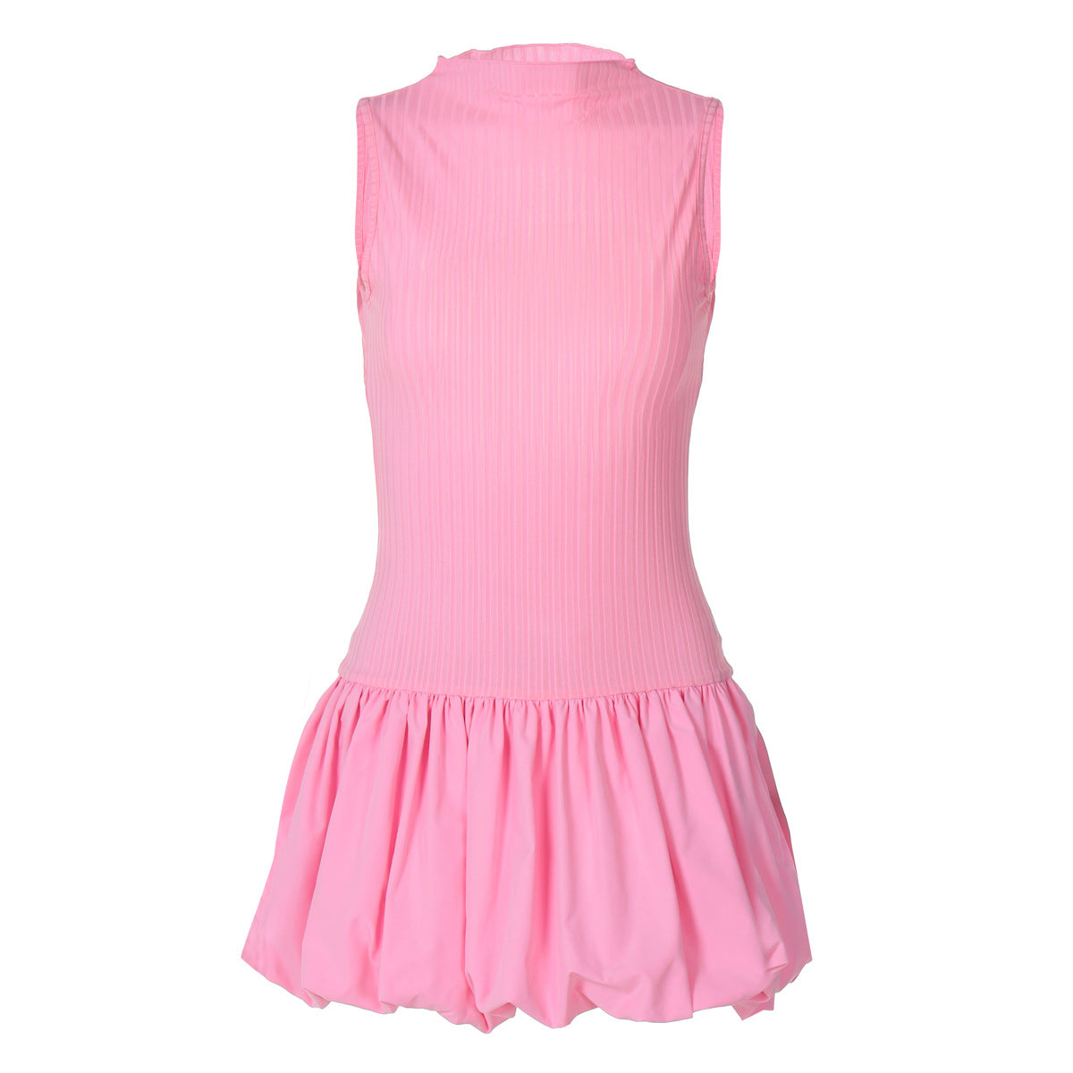 Mock Neck Sleeveless Ribbed Knit Drop Waist Bubble Hem Mini Dress 11