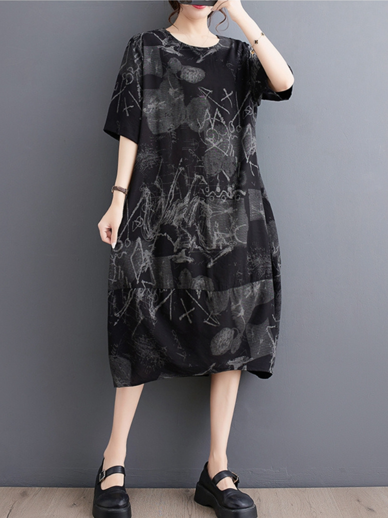 Round Neck Short Sleeve Graffiti Print Oversized Midi Dress 3
