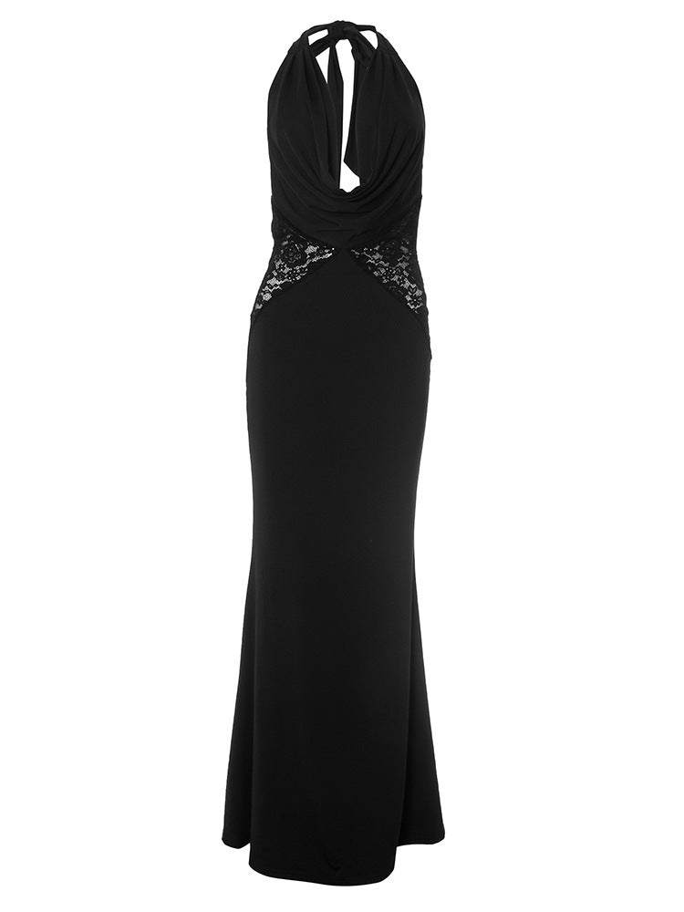 Plunging Halter Cowl Lace Side Panel Mermaid Maxi Gown 11