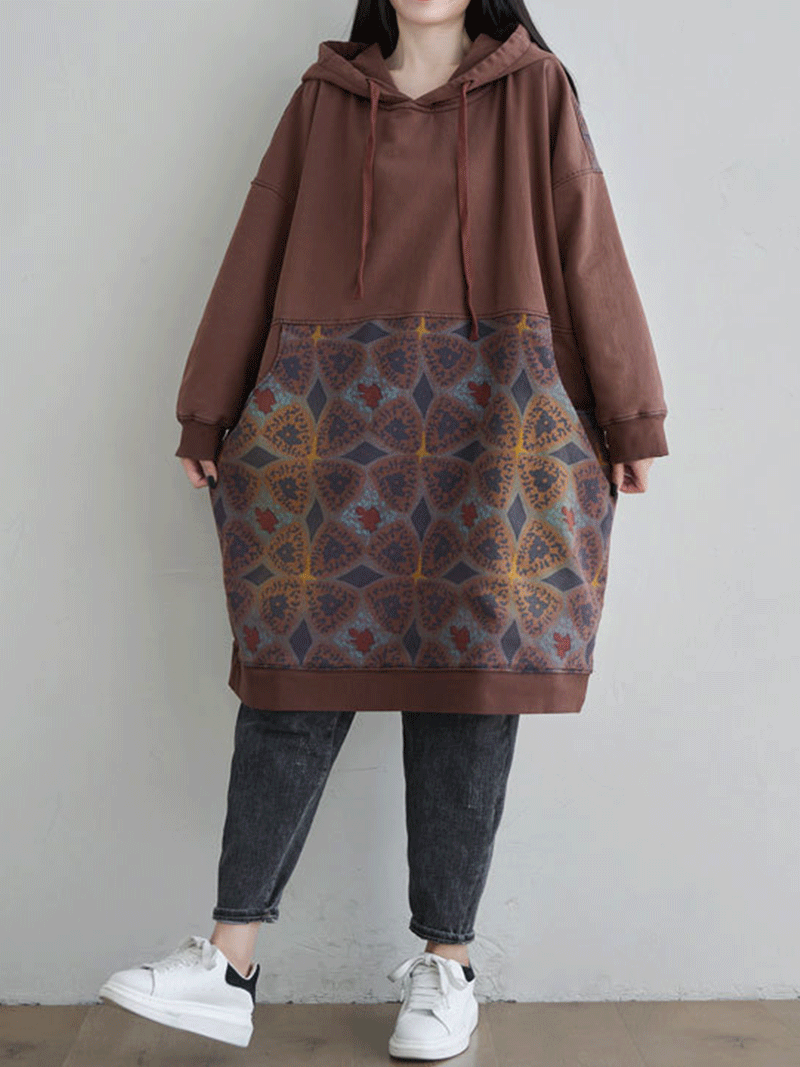 Hooded Kangaroo Pocket Geometric Print Oversized Mini Sweatshirt Dress 3