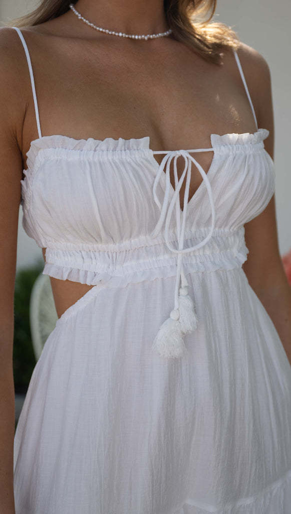 Spaghetti Strap Smocked Tie Tassel Side Cutout Tiered Crinkle Maxi Dress 10