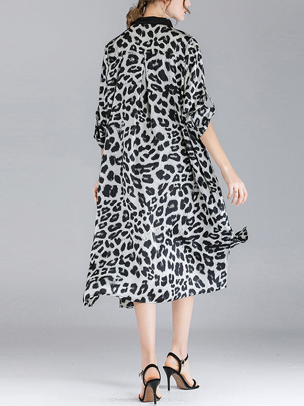 Contrasting Lapel Spotted Print Button Front High Slit Midi Shirt Dress 8