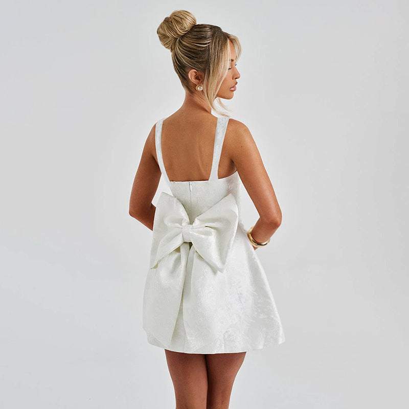 Square Neck Jacquard Floral Back Bow Skater Mini Dress 11