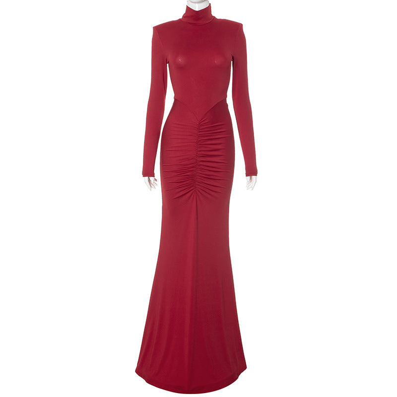Mock Neck Long Sleeve Front Hip Knot Draped Pleated Maxi Dress 11