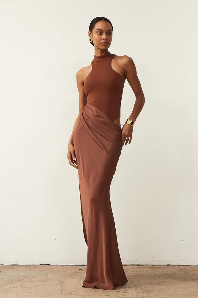 Mock Neck Hip Cutout Draped Wrap Column Maxi Dress 5