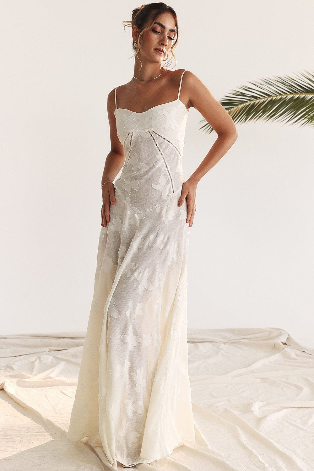 Floral Jacquard Spaghetti Strap Lace Up Corset Back Fit and Flare Maxi Dress 15