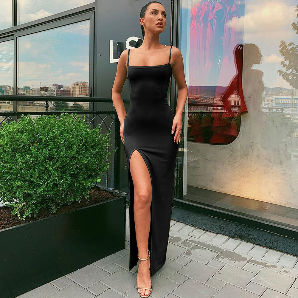 Square Neck Spaghetti Strap High Slit Bodycon Maxi Dress 3