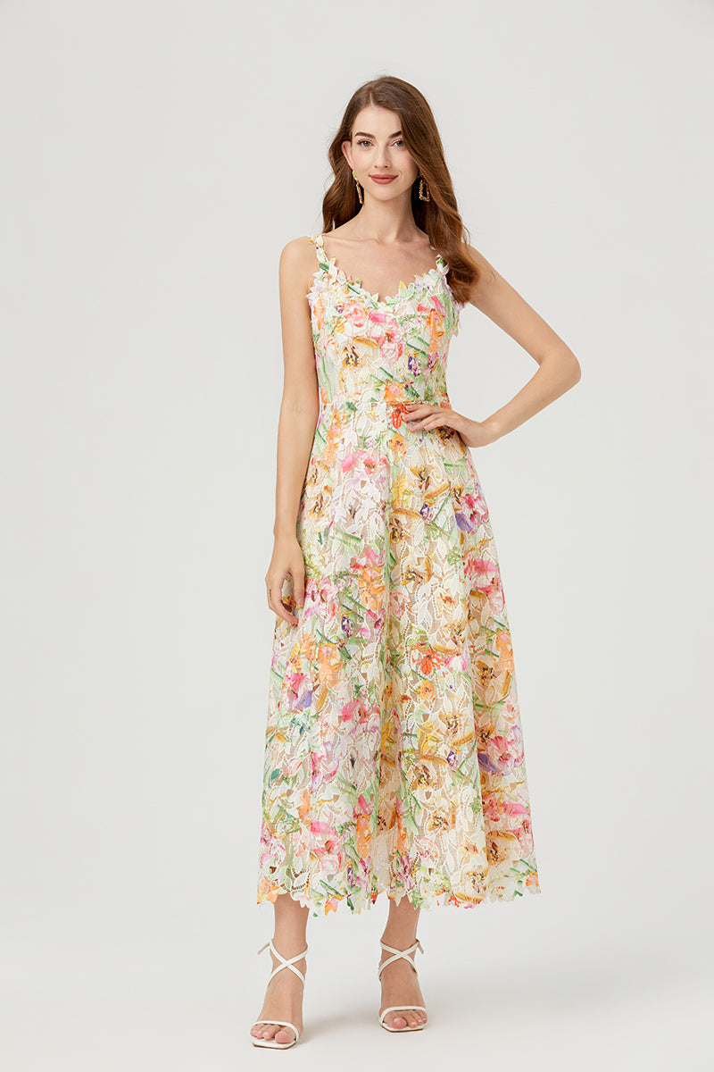 Floral Lace V-Neck Scalloped Edge Sleeveless Midi Dress 2