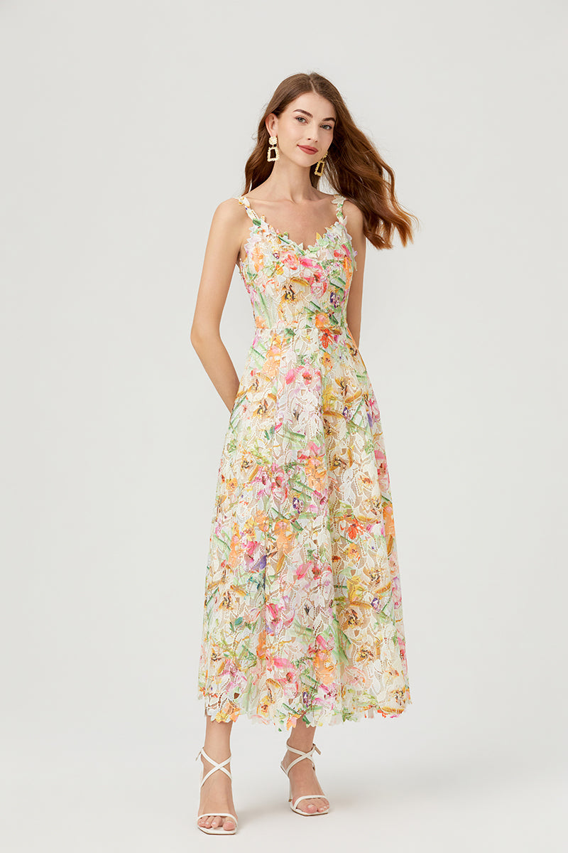Floral Lace V-Neck Scalloped Edge Sleeveless Midi Dress 3