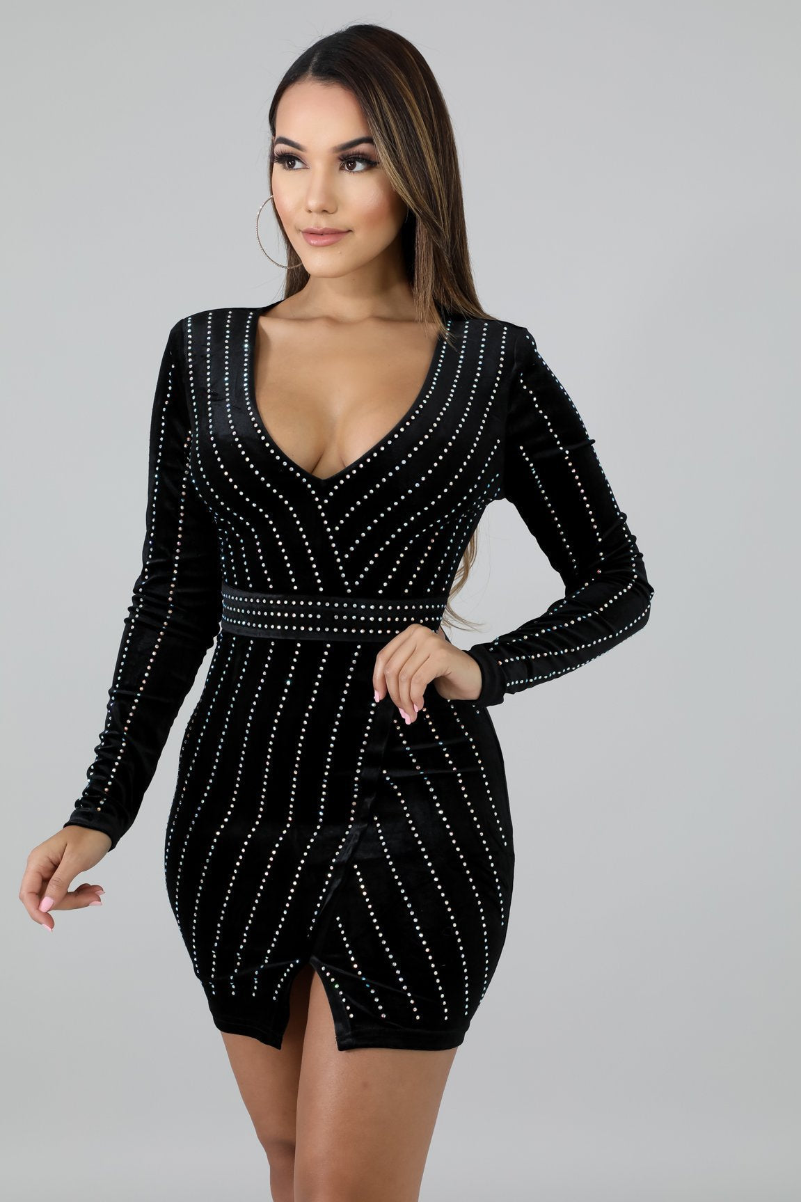 Studded Velvet Wrap Surplice Long Sleeve Bodycon Mini Dress 14