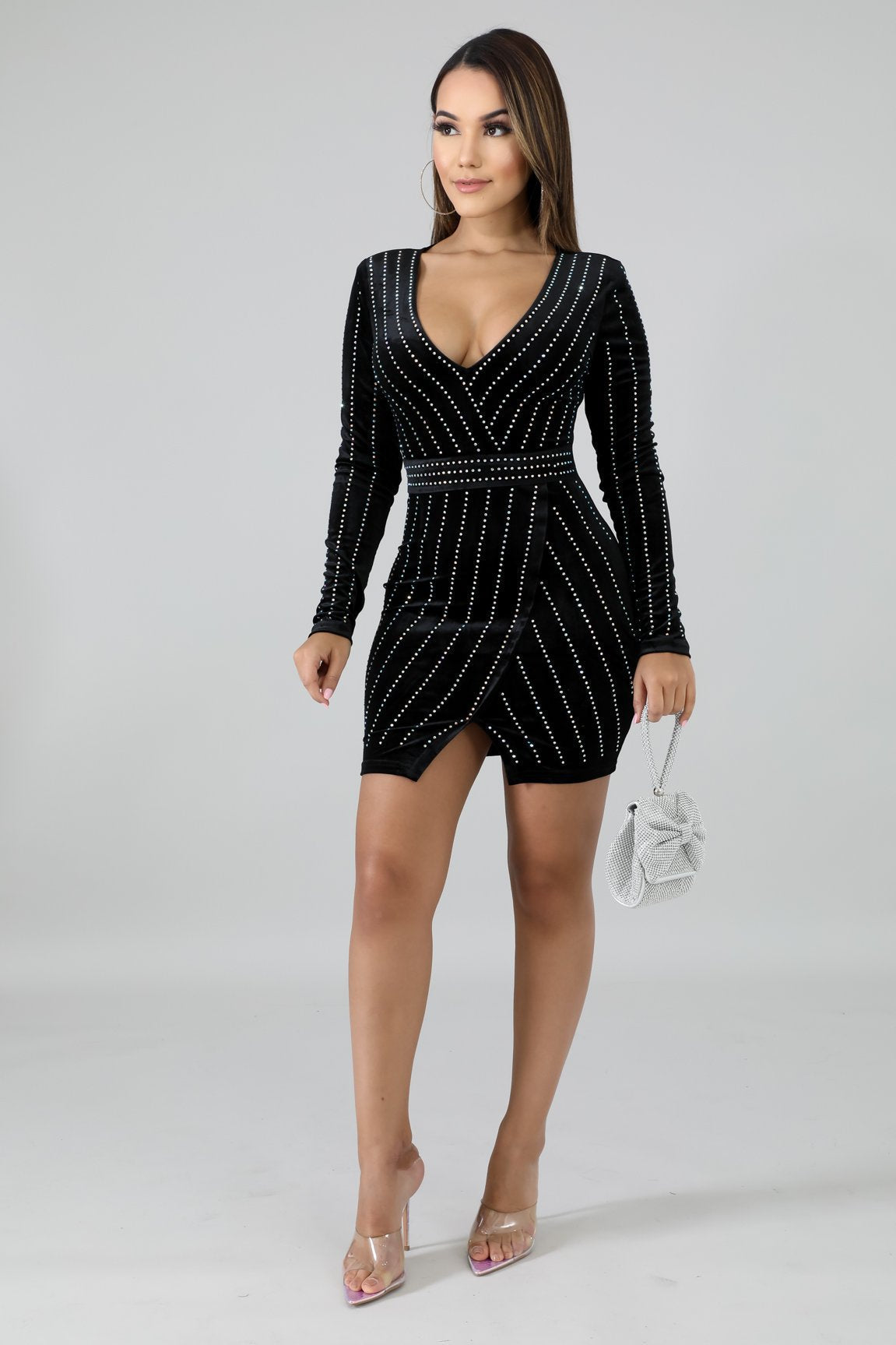 Studded Velvet Wrap Surplice Long Sleeve Bodycon Mini Dress 19