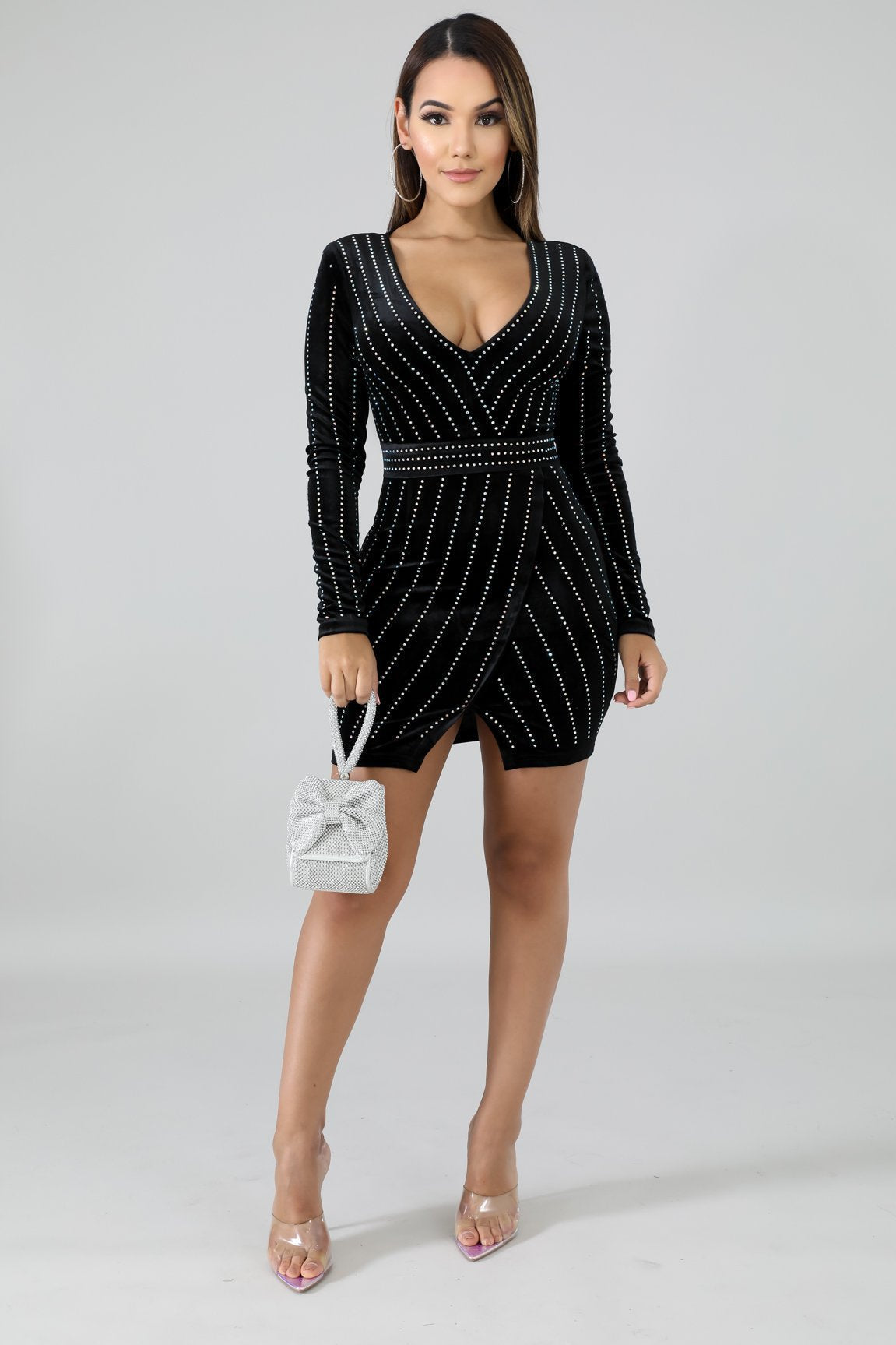 Studded Velvet Wrap Surplice Long Sleeve Bodycon Mini Dress 16