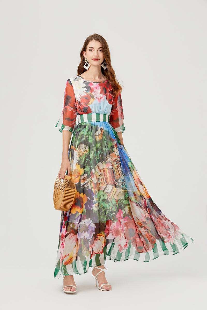 Scenic Landscape Floral Print Bell Sleeve Banded Waist Chiffon Maxi Dress 2