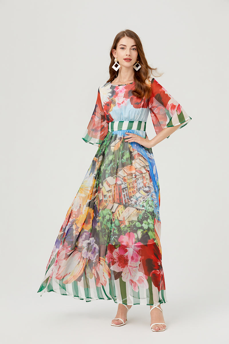 Scenic Landscape Floral Print Bell Sleeve Banded Waist Chiffon Maxi Dress 4